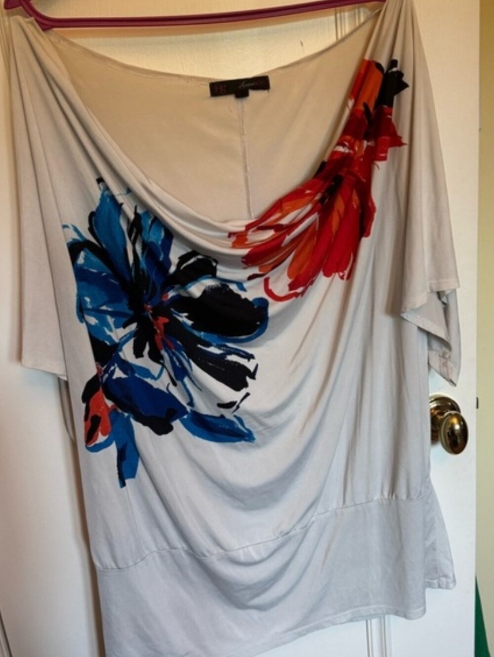 Light Gray Floral Draped Top with Blue & Red Accents